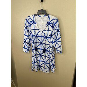 Tommy Bahama Womens Tie-Dye‎ Drawstring Dress Blue White Tassel Detail L Cotton